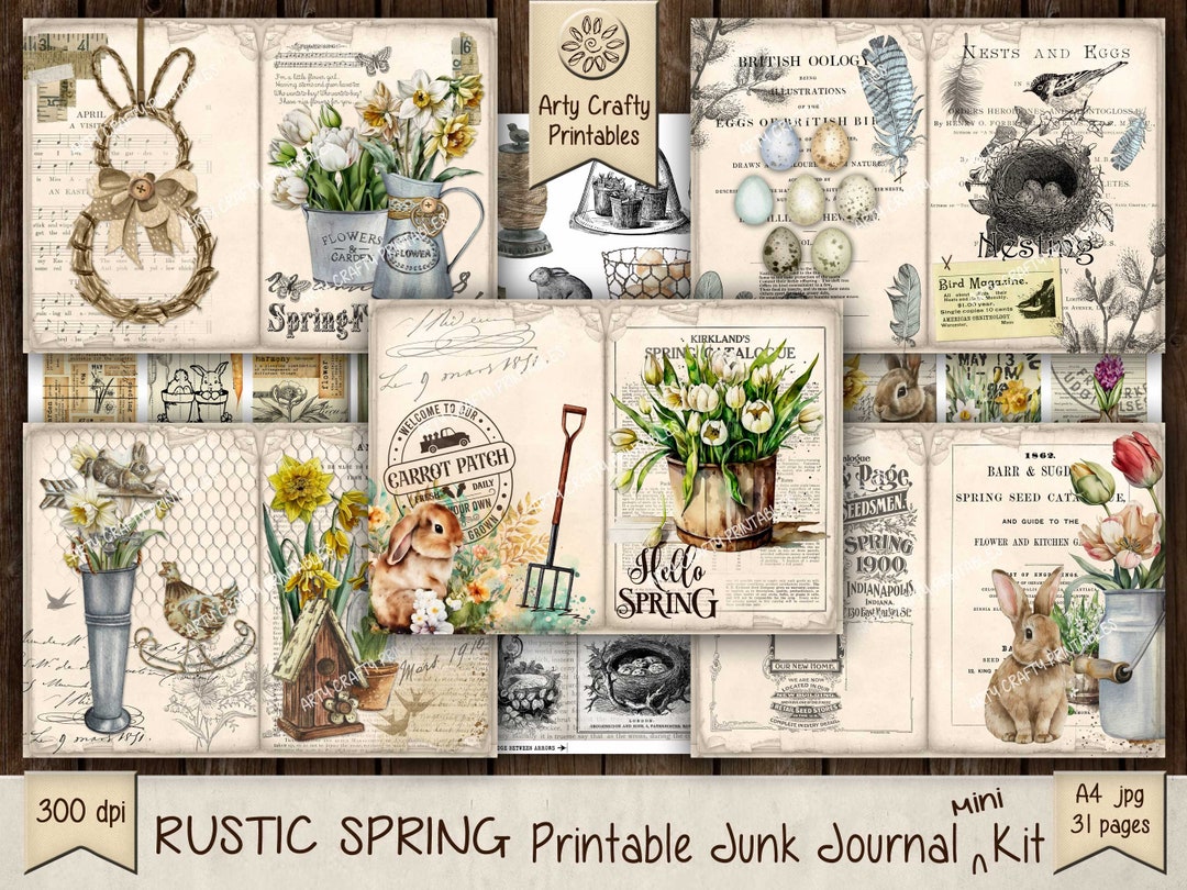 Rustic Spring 31 Page Junk Journal Printable Mini Kit, Easter, Bunny ...