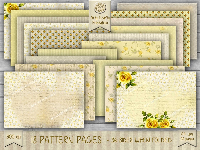 Op de afbeelding: 18 bedrukbare pagina's met gele bloemenpatronen, waaronder rozen, strepen, stippen en een vintage ontwerp. De pagina's zijn 300 dpi en meten A4. 36 zijden wanneer gevouwen.