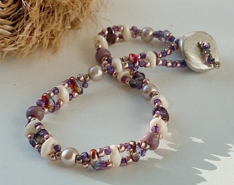 Bracelet violet - style bohème - bracelets wrap - lilas crème argent bijoux ibiza perles de verre Fermoir toggle Superduo -17,5-18,5 cm