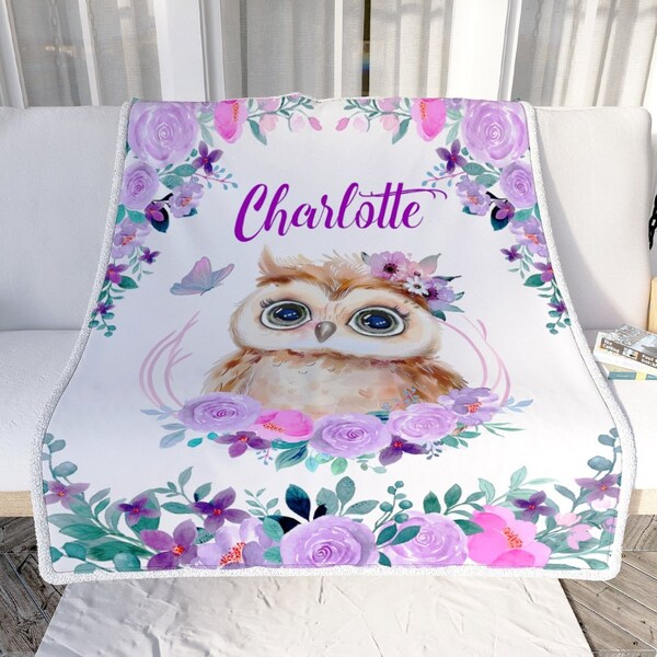 Personalized Flower Owl Baby Girl Blanket with Name - Birthday Christmas Gift for Daughter, Granddaughter, Niece - Customized Fleece Blanket