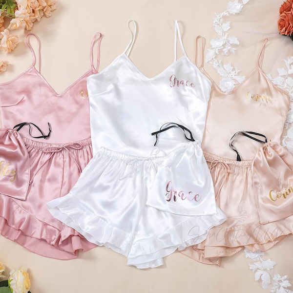 Bridesmaid Pajamas, Ruffle Cami Camisole Set, Custom Monogrammed Pajamas