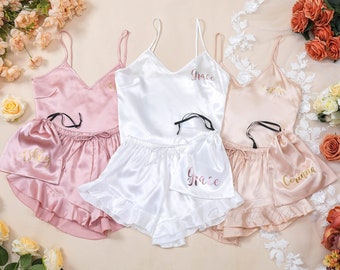 Bridesmaid Pajamas, Ruffle Cami Camisole Set, Custom Monogrammed Pajamas