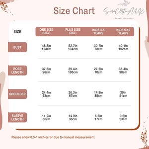 Puede incluir: Tabla de tallas para una bata con medidas en pulgadas y cent&iacute;metros para el busto, la longitud de la bata, el hombro y la longitud de la manga. La tabla incluye tallas para una talla (L/XL), talla grande (XXL), ni&ntilde;os de 3 a 5 a&ntilde;os y ni&ntilde;os de 5 a 10 a&ntilde;os.