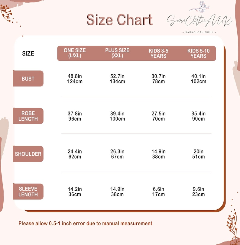 Puede incluir: Tabla de tallas para una bata con medidas en pulgadas y cent&iacute;metros para el busto, la longitud de la bata, el hombro y la longitud de la manga. La tabla incluye tallas para una talla (L/XL), talla grande (XXL), ni&ntilde;os de 3 a 5 a&ntilde;os y ni&ntilde;os de 5 a 10 a&ntilde;os.