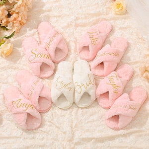 Bridesmaid Slippers, Personalized Fluffy Slippers, Bridal Cross Slippers, Bachelorette Party Gift