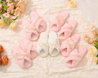 Bridesmaid Slippers, Personalized Fluffy Slippers, Bridal Cross Slippers, Bachelorette Party Gift