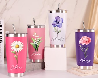 Copo com nome de flor de nascimento, copo para madrinha de casamento, presente de aniversário personalizado para ela, lembrancinha floral personalizada para festa