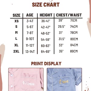 May include: Size chart for kids pajamas with measurements in inches and centimeters. The chart shows sizes XS to 2XL, corresponding ages, heights, chest and waist measurements.  The chart is accompanied by two images of pajamas with personalized names, one in pink with silver font and one in blue with gold font.