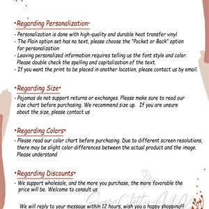 May include: A pink and brown background with text that reads "Must Read Before Purchase". The text is in black and outlines the following: Regarding Personalization, Regarding Size, Regarding Colors, and Regarding Discounts. The text explains the policies for personalization, sizing, color variations, and discounts.