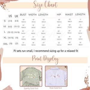 May include: Size chart for pajamas with measurements in inches and centimeters. The chart shows sizes from small to extra large, with bust, width, length, hip, waist, and length measurements. The chart also includes a note that the pajamas run small and recommends sizing up for a relaxed fit. The image also shows two examples of pajamas with different font colors: one with sparkly gold font and the other with rose gold font.