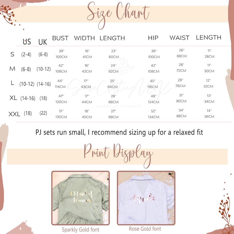 May include: Size chart for pajamas with measurements in inches and centimeters. The chart shows sizes from small to extra large, with bust, width, length, hip, waist, and length measurements. The chart also includes a note that the pajamas run small and recommends sizing up for a relaxed fit. The image also shows two examples of pajamas with different font colors: one with sparkly gold font and the other with rose gold font.