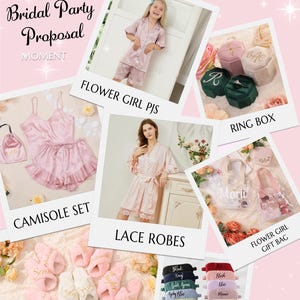 Puede incluir: Una colecci&oacute;n de regalos de fiesta de bodas en rosa y blanco, que incluyen una bata de sat&eacute;n, un conjunto de camis&oacute;n, una bolsa de regalo para la ni&ntilde;a de las flores, una caja de anillos, un par de pantuflas y una m&aacute;scara para los ojos. El texto "Everything Your Bridesmaids Need" est&aacute; en la parte superior de la imagen.