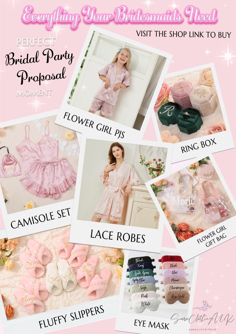 Puede incluir: Una colecci&oacute;n de regalos de fiesta de bodas en rosa y blanco, que incluyen una bata de sat&eacute;n, un conjunto de camis&oacute;n, una bolsa de regalo para la ni&ntilde;a de las flores, una caja de anillos, un par de pantuflas y una m&aacute;scara para los ojos. El texto "Everything Your Bridesmaids Need" est&aacute; en la parte superior de la imagen.