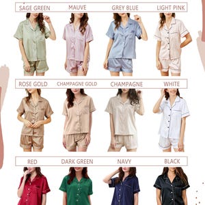 May include: A display of short pajama sets in 12 colors, including sage green, mauve, grey blue, and light pink. Each set features a button-down shirt and matching shorts. The text "Short Pajama Set" and "12 COLOR" are visible.