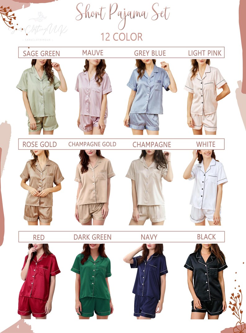 May include: A display of short pajama sets in 12 colors, including sage green, mauve, grey blue, and light pink. Each set features a button-down shirt and matching shorts. The text "Short Pajama Set" and "12 COLOR" are visible.