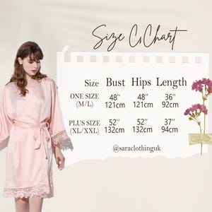 May include: Size chart for a pink satin robe with lace trim. The chart shows measurements in inches and centimeters for bust, hips, and length. One size (M/L) is 48 inches (121 cm) bust, 48 inches (121 cm) hips, and 36 inches (92 cm) length. Plus size (XL/XXL) is 52 inches (132 cm) bust, 52 inches (132 cm) hips, and 37 inches (94 cm) length.