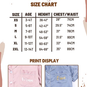 May include: Size chart for kids pajamas with measurements in inches and centimeters. The chart shows sizes XS to 2XL, corresponding ages, heights, and chest/waist measurements. The chart also includes a print display showing a pink pajama top with silver font and a blue pajama top with gold font.
