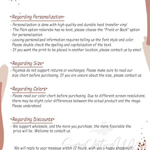 May include: A text-based image with a white background and brown floral accents. The text reads "Must Read Before Purchase" and includes information about personalisation, sizing, colours, and discounts. The text also includes the phrase "We will reply to your message within 12 hours, wish you a happy shopping!!!" and the name "SARACLOTHINGUK".