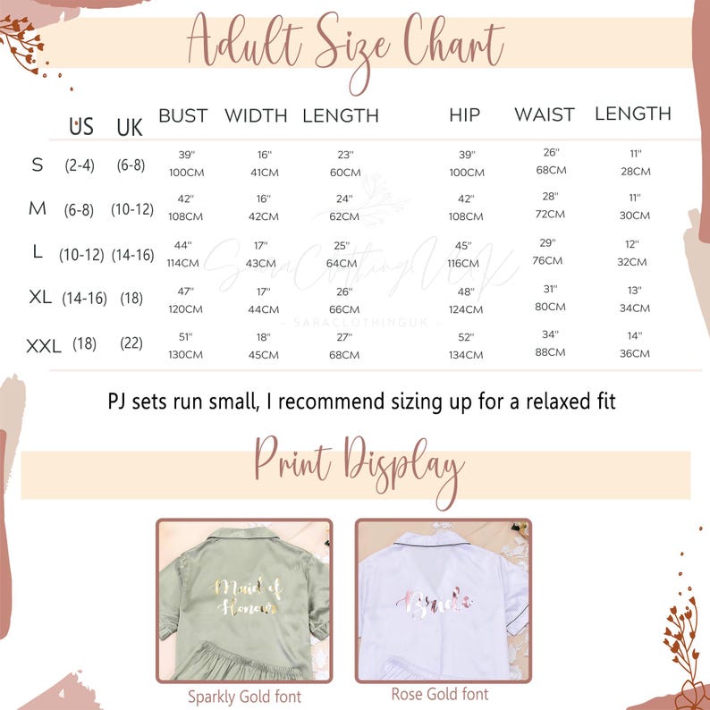 May include: An adult size chart with measurements in inches and centimeters for PJ sets. The chart includes bust, width, length, hip, and waist measurements for sizes S to XXL. Below the chart are examples of print displays with sparkly gold and rose gold fonts.