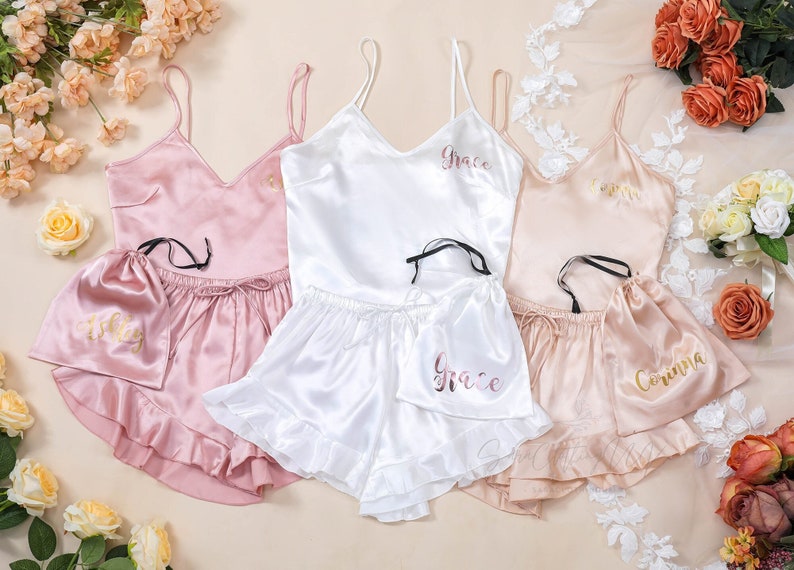 Bridesmaid Pajamas, Ruffle Cami Camisole Set, Custom Monogrammed Pajamas White