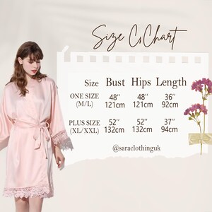 May include: Size chart for a pink satin robe with lace trim. The chart shows measurements in inches and centimeters for bust, hips, and length. One size (M/L) is 48 inches (121 cm) bust, 48 inches (121 cm) hips, and 36 inches (92 cm) length. Plus size (XL/XXL) is 52 inches (132 cm) bust, 52 inches (132 cm) hips, and 37 inches (94 cm) length.