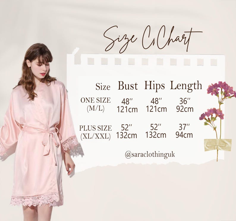 May include: Size chart for a pink satin robe with lace trim. The chart shows measurements in inches and centimeters for bust, hips, and length. One size (M/L) is 48 inches (121 cm) bust, 48 inches (121 cm) hips, and 36 inches (92 cm) length. Plus size (XL/XXL) is 52 inches (132 cm) bust, 52 inches (132 cm) hips, and 37 inches (94 cm) length.