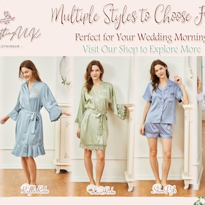 May include: A display of women's sleepwear in various styles, including camisole pajamas, a ruffle robe, a lace robe, short pajamas, and long pajamas. The sleepwear is in shades of pink, blue, and white. The text "Multiple Styles to Choose From" is at the top.