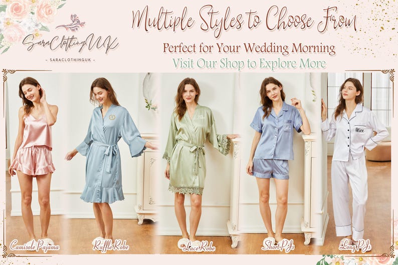 May include: A display of women's sleepwear in various styles, including camisole pajamas, a ruffle robe, a lace robe, short pajamas, and long pajamas. The sleepwear is in shades of pink, blue, and white. The text "Multiple Styles to Choose From" is at the top.