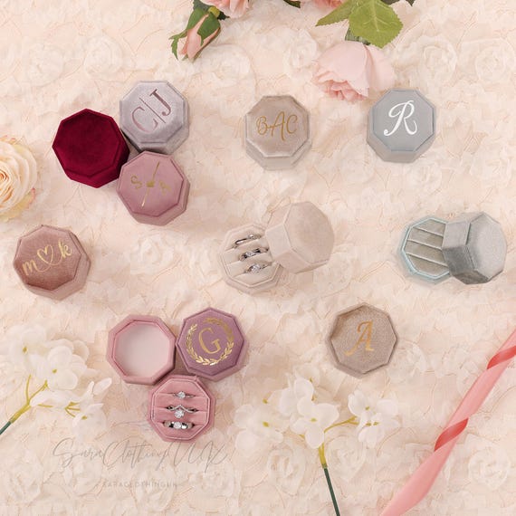 Custom Ring Box, Personalised Velvet Ring Box 2 Slots, Triple Slots Wedding Ring Box, Wedding Gift, Octagon Velvet Ring Box 