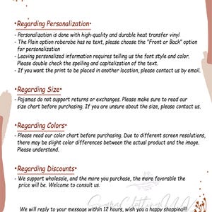 May include: A text-based image with a white background and brown floral accents. The text reads "Must Read Before Purchase" and includes information about personalization, size, colors, and discounts. The text also includes the phrase "We will reply to your message within 12 hours, wish you a happy shopping!!!" and the name "SARACLOTHINGUK".
