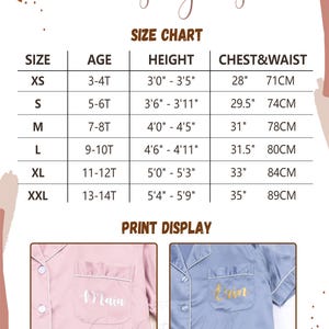 May include: A size chart for kids' pajamas, with sizes ranging from XS to XXL, detailing age, height in feet and inches, and chest/waist measurements in inches and centimeters. Includes examples of personalized pajama sets with silver and gold font options.