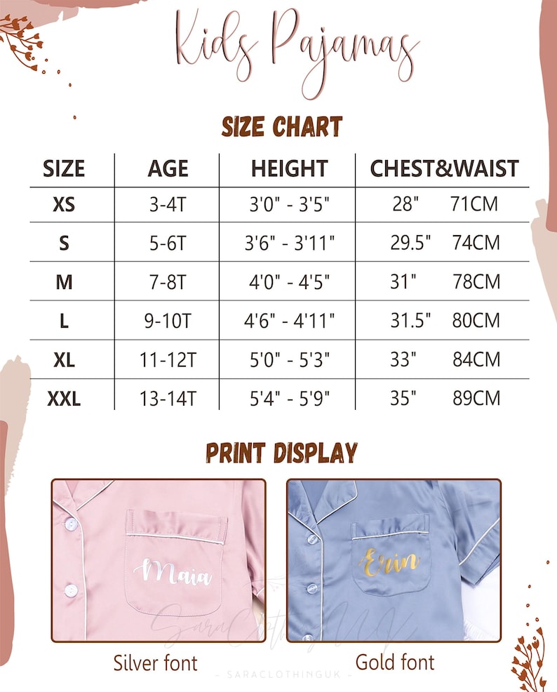 May include: A size chart for kids' pajamas, with sizes ranging from XS to XXL, detailing age, height in feet and inches, and chest/waist measurements in inches and centimeters. Includes examples of personalized pajama sets with silver and gold font options.