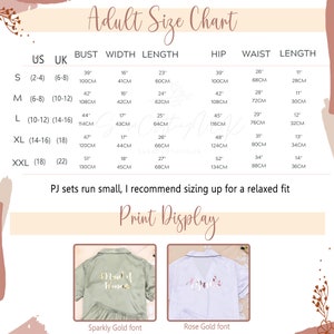 May include: Size chart for adult pajamas with measurements in inches and centimeters. The chart shows bust, width, length, hip, waist, and length measurements for sizes S, M, L, XL, and XXL. The chart also includes a note that PJ sets run small and recommends sizing up for a relaxed fit. The image also shows two examples of pajamas with different print designs: one with a sparkly gold font and one with a rose gold font.