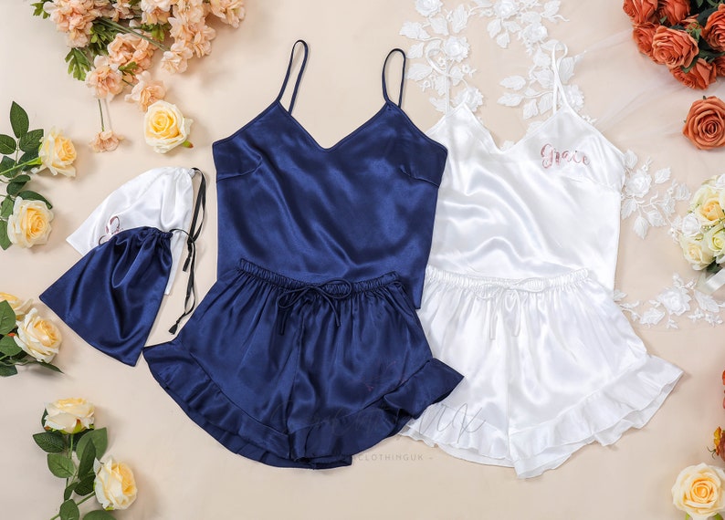 Bridesmaid Pajamas, Ruffle Cami Camisole Set, Custom Monogrammed Pajamas Navy