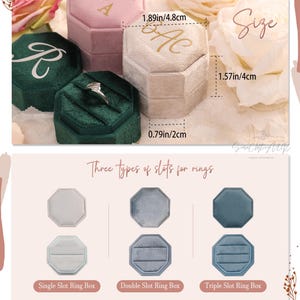 May include: An assortment of velvet ring boxes in various colors, including green, pink, and beige. The boxes are octagonal and feature gold lettering. One box holds a ring. Dimensions are provided in inches and centimeters.