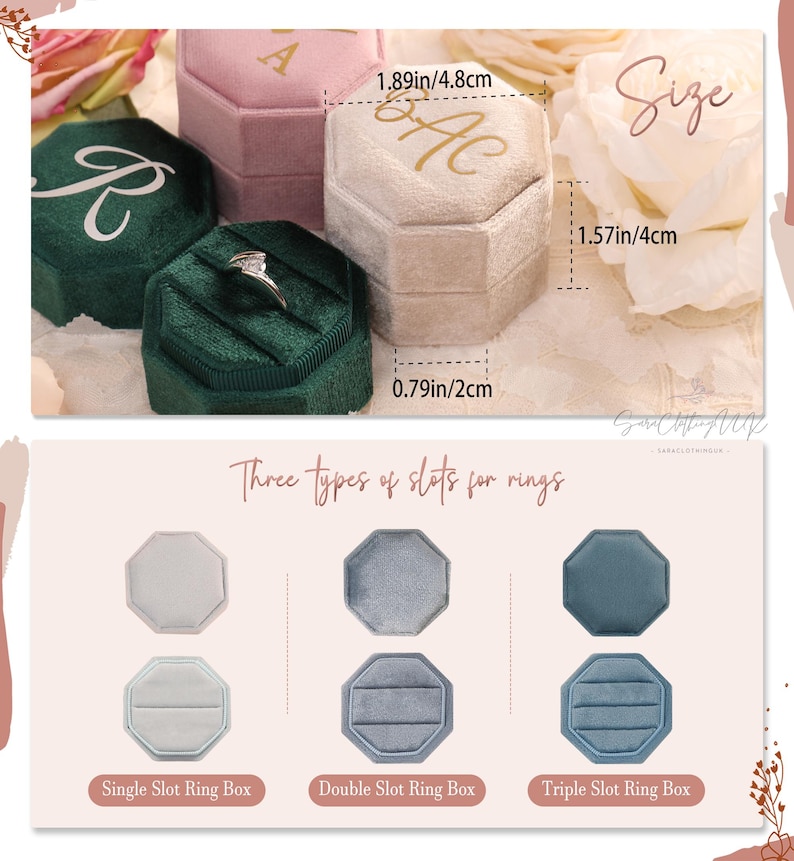 May include: An assortment of velvet ring boxes in various colors, including green, pink, and beige. The boxes are octagonal and feature gold lettering. One box holds a ring. Dimensions are provided in inches and centimeters.