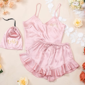 Bridesmaid Pajamas, Ruffle Cami Camisole Set, Custom Monogrammed Pajamas Dusty Rose