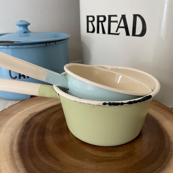 Pair of vintage Emalia Olkusz 1907 enamel pans - pale blue and green