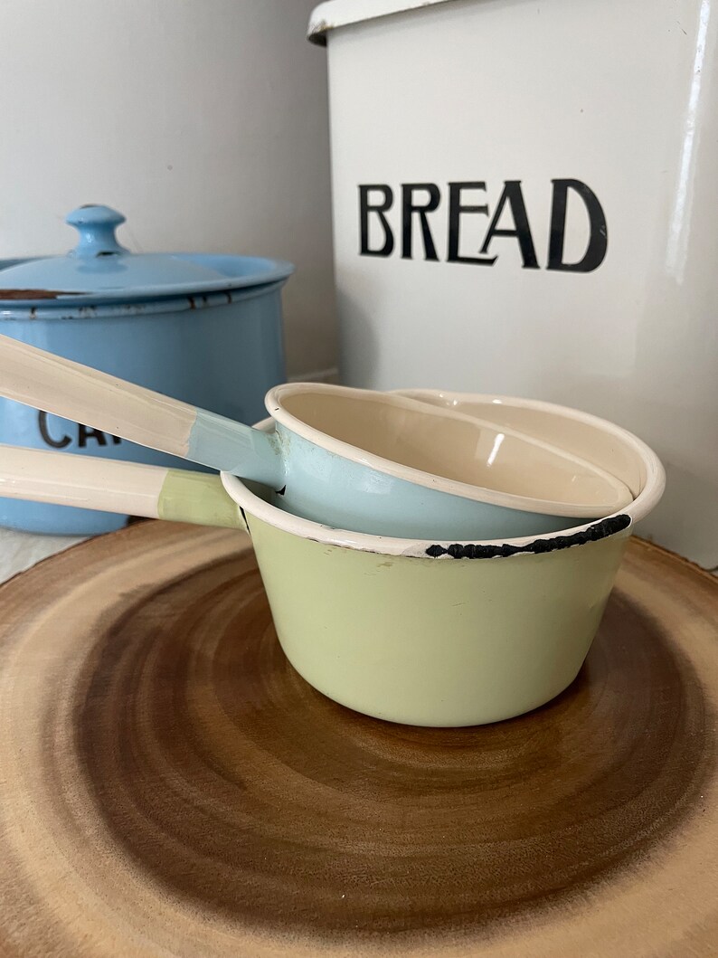 Pair of vintage Emalia Olkusz 1907 enamel pans pale blue and green image 1