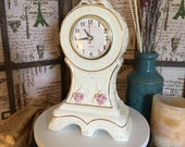 Vintage Porcelain PINK WHITE Cream Quartz Bisque Style Mantel Clock Clean and in WORKING Condition