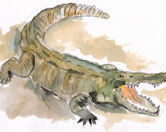 Handgeschilderde krokodil aquarel kunstafdruk (digitale download)