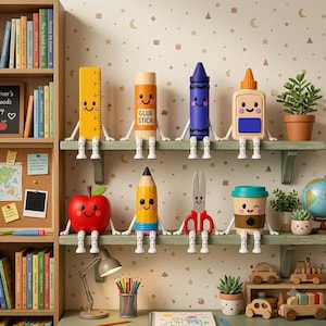 May include: A collection of eight anthropomorphic school supply figurines with smiling faces and dangling legs, including a yellow ruler, glue stick, blue crayon, glue bottle, red apple, yellow pencil, red scissors, and a teal coffee cup.