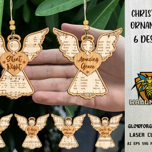 Christmas Sheet Music Ornaments SVG Bundle, Christmas Angel svg, Christmas Ornament, Wood Ornament, Laser cut file, Glowforge svg files