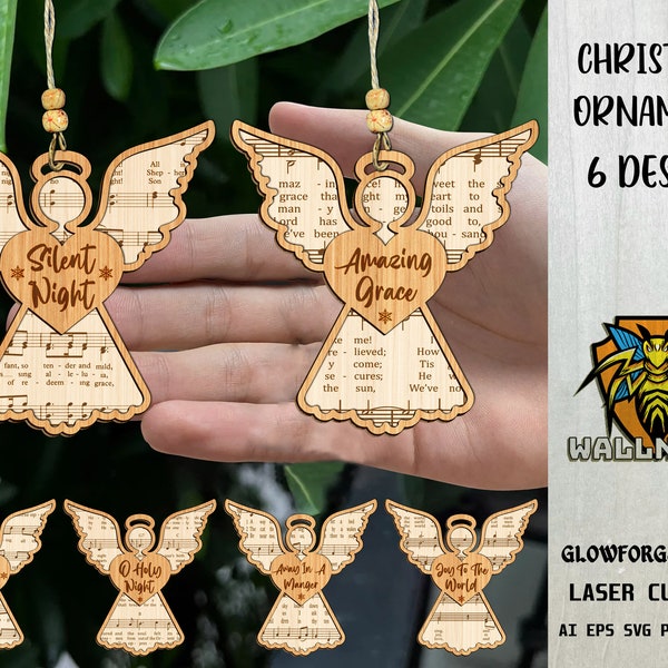 Christmas Sheet Music Ornaments SVG Bundle, Christmas Angel svg, Christmas Ornament, Wood Ornament, Laser cut file, Glowforge svg files