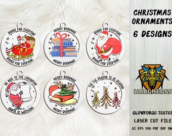 May include: Six different Christmas ornament designs featuring a book theme. The ornaments are round and have a white background with black outlines. The designs include Santa Claus, books, and the text "Books for Everyone", "Merry Bookmas", "Be Nice to the Librarian", and "Tis the Season to Be Reading".