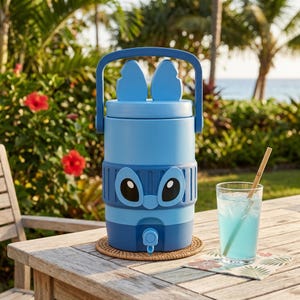 May include: A light blue beverage cooler with a top handle and a spigot at the base. The cooler features a stylized character face with large black and white eyes and two upright blue ears on the lid. It is a cylindrical container designed for liquids.