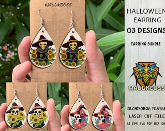 Floral Skull Earrings svg, Halloween Earrings svg, Witch Skull SVG, Earrings laser cut file, Glowforge svg files, Instant Download