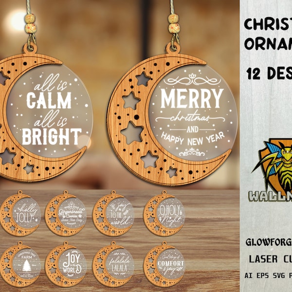 Star Moon Ornaments SVG Bundle, Christmas Quote svg, Christmas Ornament svg, Wood and Acrylic Ornament, Laser cut file, Glowforge svg files