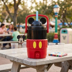 Può includere: Un refrigeratore per bevande rosso e nero con coperchio a forma di orecchie di Topolino, una cannuccia azzurra e una base rossa con due accenti ovali gialli. Un piccolo ciondolo di Topolino pende da una catenella rossa sul manico.