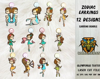Zodiac Earrings SVG Bundle, Horoscope Earrings svg, Earring Template SVG, Earrings laser cut file, Glowforge svg files, Instant Download